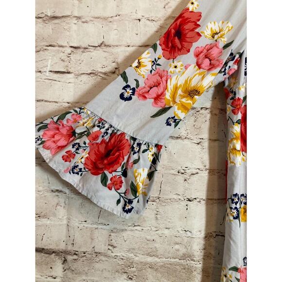 Old Navy Peasant Dress Womens Medium Gray Floral Bell Sleeve Lined Flowy Rayon - Picture 3 of 14